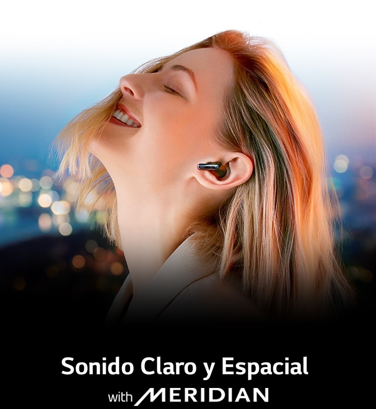 Behind the sentence Refresh your listening, a woman wearing TONE Free against the backdrop of the city's night view is immersed in music.