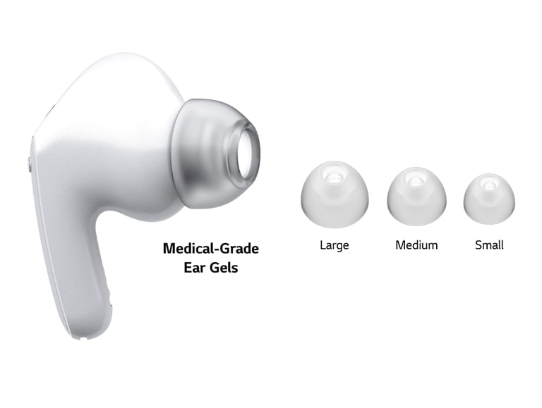 Image of white earbuds and a set of 3 size eargels: Large, Medium and Small.