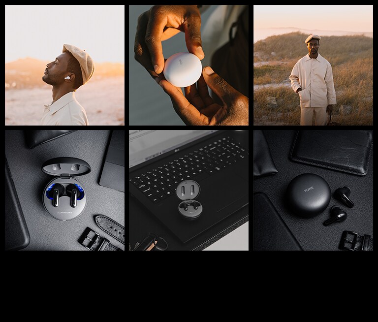 There are 6 images of the product being worn and placed. An image of a man wearing the product, an image holding it in his hand, and an image lying on a black table.