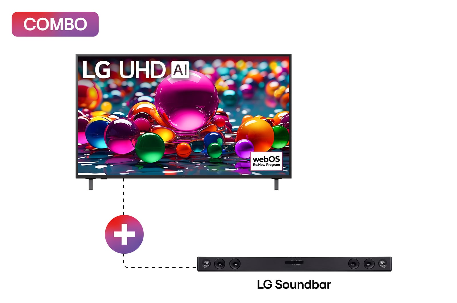 Vista frontal de Pantalla 55 pulgadas LG UHD AI UA8000 4K SMART TV 2025 + LG Soundbar | Barra de sonido LG SK1D | 2.0 canales | conectividad Bluetooth® 55UA8000POB.SK1D