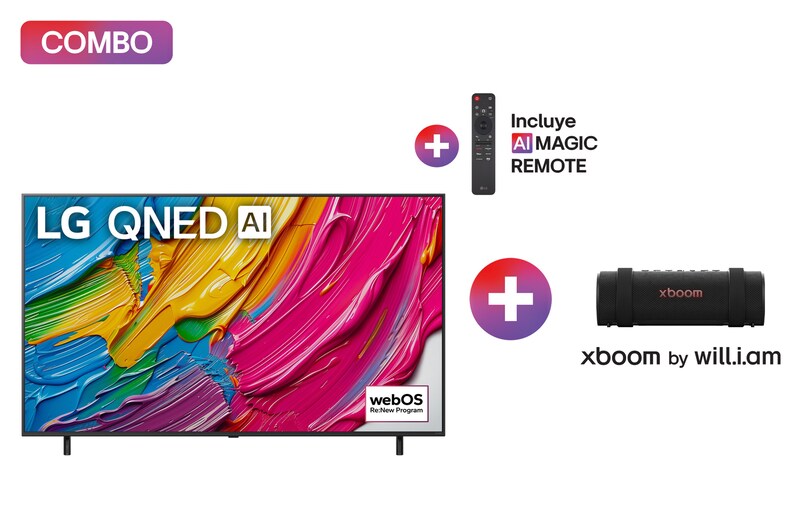 Vista frontal de Pantalla 65 pulgadas LG AI QNED QNED80 4K Smart TV 2025 + LG xboom Grab by will.i.am | Bocina Bluetooth portátil | 30W | 20 horas de duración | IP67 | Resistencia militar | Negro 65QNED80AOB.GRAB