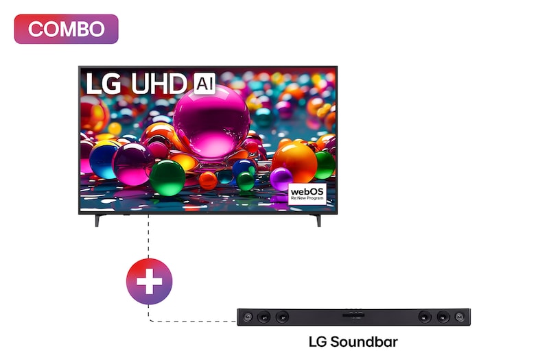 Vista frontal de Pantalla 65 pulgadas LG UHD AI UA75 4K SMART TV 2025 + LG Soundbar | Barra de sonido LG SK1D | 2.0 canales | conectividad Bluetooth® 65UA7500POB.SK1D