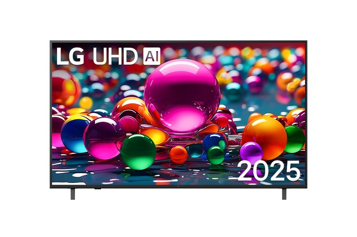 Vista de frente de la UHD UA75 TV, logotipo de LG UHD Al en la esquina superior. En la LG UHD TV se muestran coloridas texturas como de pinturas que se combinan.