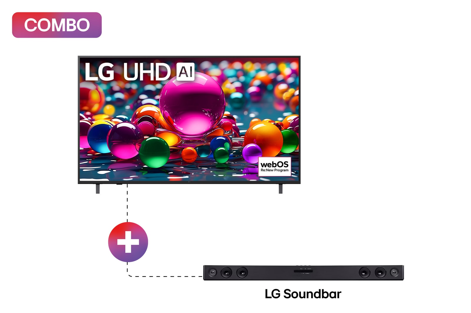 Vista frontal de Pantalla 65 pulgadas LG UHD AI UA8000 4K SMART TV 2025 + LG Soundbar | Barra de sonido LG SK1D | 2.0 canales | conectividad Bluetooth® 65UA8000POB.SK1D