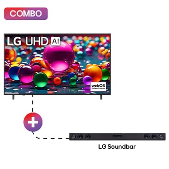 Vista frontal de Pantalla 65 pulgadas LG UHD AI UA8000 4K SMART TV 2025 + LG Soundbar | Barra de sonido LG SK1D | 2.0 canales | conectividad Bluetooth® 65UA8000POB.SK1D