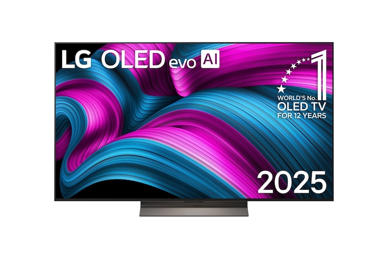 Front view of LG OLED evo AI C5 4K Smart TV. 12 Years of world number 1 OLED emblem and LG OLED evo AI 2025 logo are on the screen.