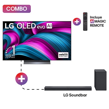 Vista frontal de la Pantalla 55 pulgadas LG AI OLED evo C5E 4K Smart TV 2025 + 3.1.3 canales Barra de Sonido LG para TV con altavoces traseros Dolby Atmos SC9S 