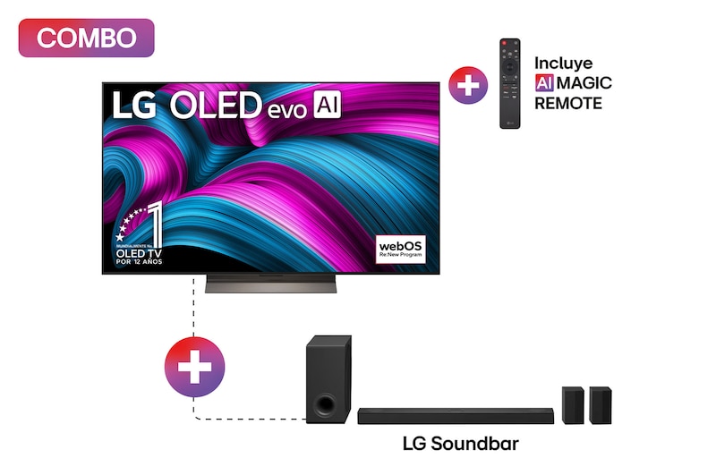 Vista frontal de Pantalla 55 pulgadas LG AI OLED evo C5 4K Smart TV 2025 + Soundbar de cine en casa LG de 5.1.3 canales con Dolby Atmos y altavoces traseros S80TR OLED55C5OBS.S80TR