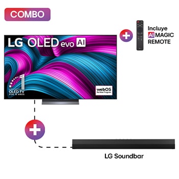 Vista frontal de Pantalla 65 pulgadas LG AI OLED evo C5 4K Smart TV 2025 + 2.0 canales Barra de sonido LG para TV con Dolby Atmos S20A OLED65C5ESA.S20A