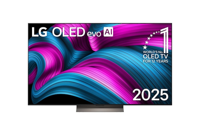 Front view of LG OLED evo AI C5 4K Smart TV. 12 Years of world number 1 OLED emblem and LG OLED evo AI 2025 logo are on the screen.