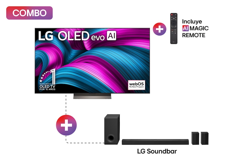 Vista frontal de Pantalla 65 pulgadas LG AI OLED evo C5 4K Smart TV 2025 + Soundbar de cine en casa LG de 5.1.3 canales con Dolby Atmos y altavoces traseros S80TR OLED65C5POB.S80TR