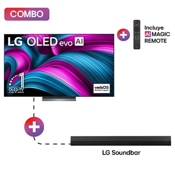 Vista frontal de Pantalla 77 pulgadas LG AI OLED evo C5E 4K Smart TV 2025 + 2.0 canales Barra de sonido LG para TV con Dolby Atmos S20A OLED77C5ESA.S20A