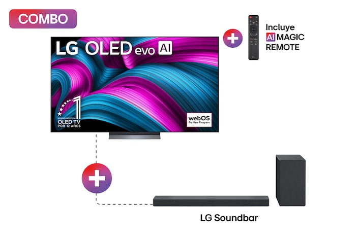 Vista frontal de la Pantalla 77 pulgadas LG AI OLED evo C5E 4K Smart TV 2025 + 3.1.3 canales Barra de Sonido LG para TV con altavoces traseros Dolby Atmos SC9S