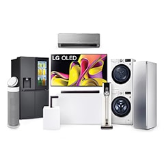 LG home appliances including TV, refrigerator, washer, and air solution devices	