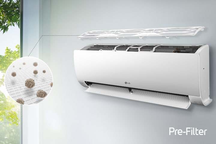 The LG AC is shown at a side angle. A line from the pre-filter leads out to a circle to show dust caught.