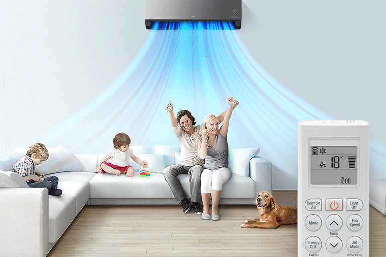 A family is a room with the LG AC on. In the foreground is a remote control showing the buttons and temperature.