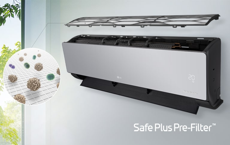 The LG AC is shown at a side angle. A line from the pre-filter leads out to a circle to show dust caught.