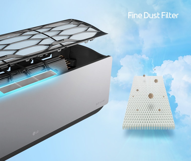 The side angle of the AC showing allergy filter installed inside. Beside is the allergy filter with dust mites caught.