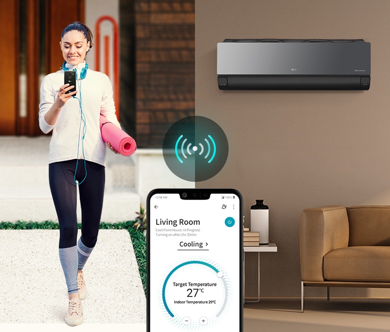 A woman going on a walk while on her phone indicating she is controling LG AC at her home on her phone.