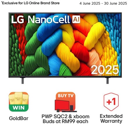 Front view of NanoCell TV, LG NanoCell Al Logo on the top corner. LG NanoCell NANO80 TV depicts colorful paintike textures coming together.