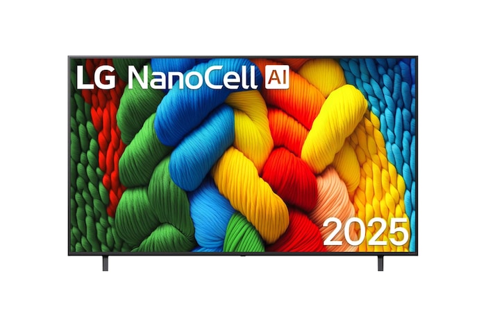 Front view of NanoCell TV, LG NanoCell Al Logo on the top corner. LG NanoCell NANO80 TV depicts colorful paintike textures coming together.