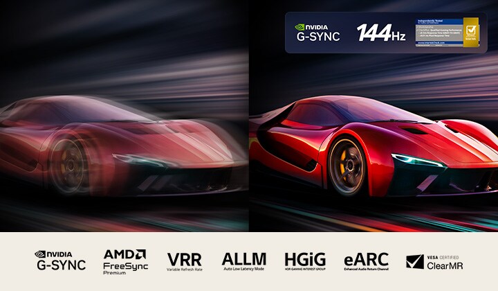 Two images of a car in a video game side-by-side. One shows a lot of motion blur. The other is sharp and in-focus showing the high frame rate of LG OLED TV. Nvidia G-Sync logo, 144Hz logo, the 0.1ms response time Intertek badge, and other relevant certifications are visible. 	