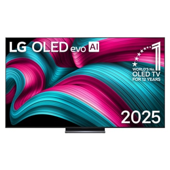 Front view of LG OLED evo AI C5 4K Smart TV. 12 Years of world number 1 OLED emblem and LG OLED evo AI 2025 logo are on the screen.