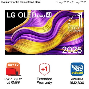 Front view of LG OLED evo AI G5 4K Smart TV. 12 Years of world number 1 OLED emblem and LG OLED evo AI 2025 logo are on the screen.