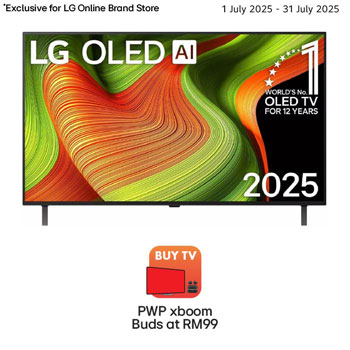 Front view of LG OLED AI B5 4K Smart TV. 12 Years of world number 1 OLED emblem and LG OLED AI 2025 logo are on the screen.