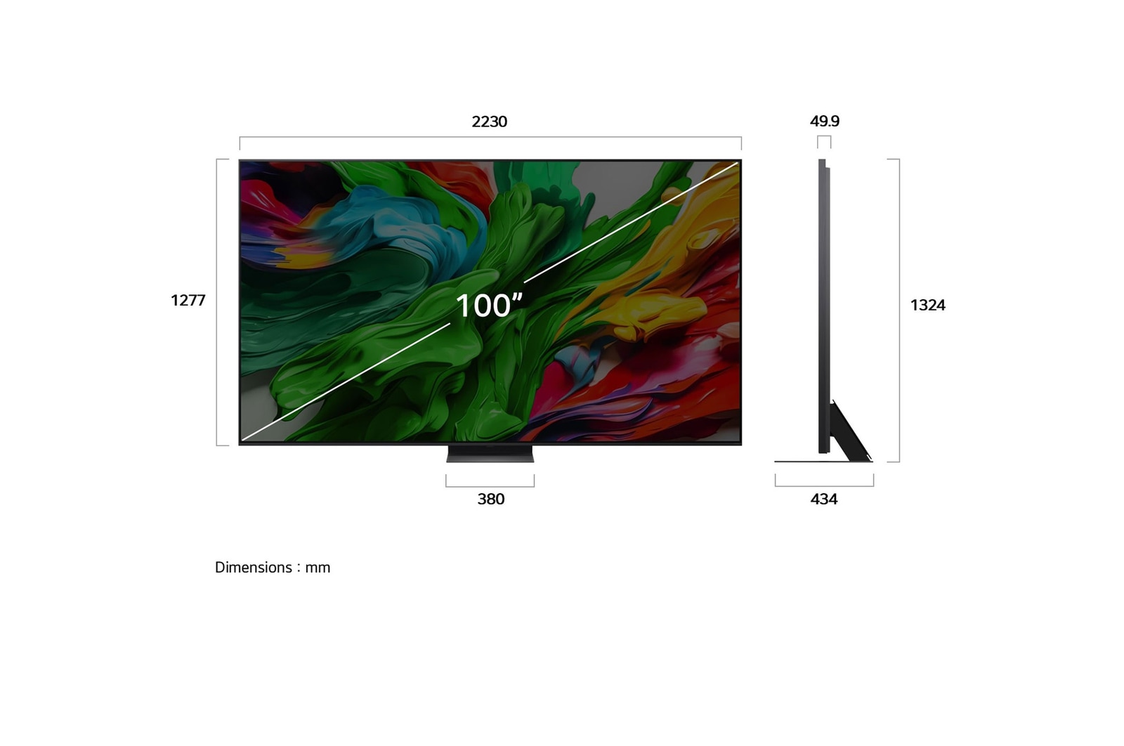 Front view and side view of LG QNED evo AI QNED85 4K Smart TV showing its length, width, height, and depth dimensions.