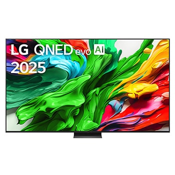 Front view of LG QNED evo QNED85 TV, LG QNED evo Al Logo on the top corner. LG QNED evo QNED85 TV depicts colorful paintike textures coming together.