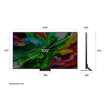 Front view and side view of LG QNED evo AI QNED85 4K Smart TV showing its length, width, height, and depth dimensions.