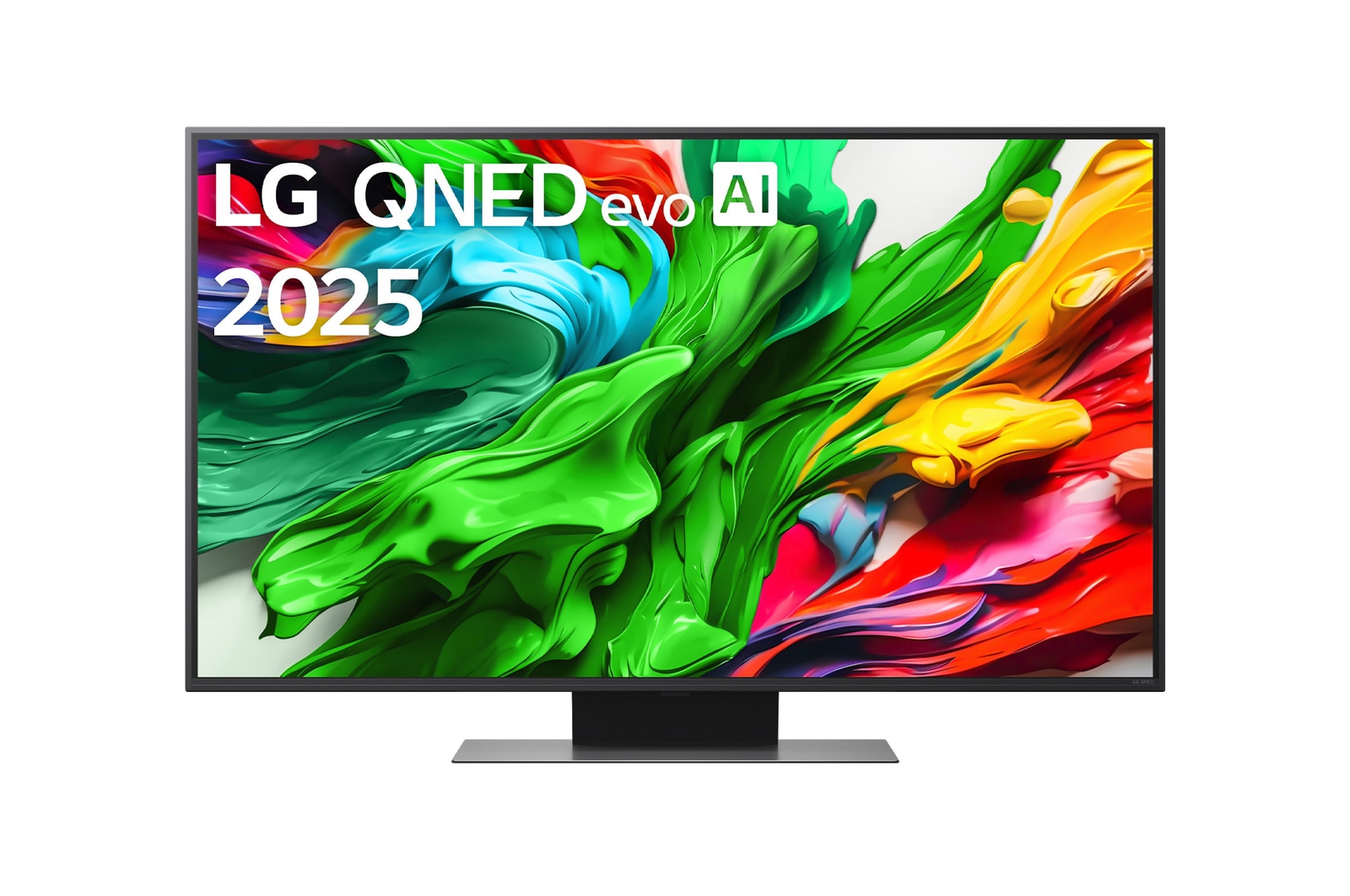 Front view of LG QNED evo QNED85 TV, LG QNED evo Al Logo on the top corner. LG QNED evo QNED86 TV depicts colorful paintike textures coming together.