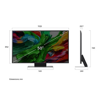 Front view and side view of LG QNED evo AI QNED86 4K Smart TV showing its length, width, height, and depth dimensions.