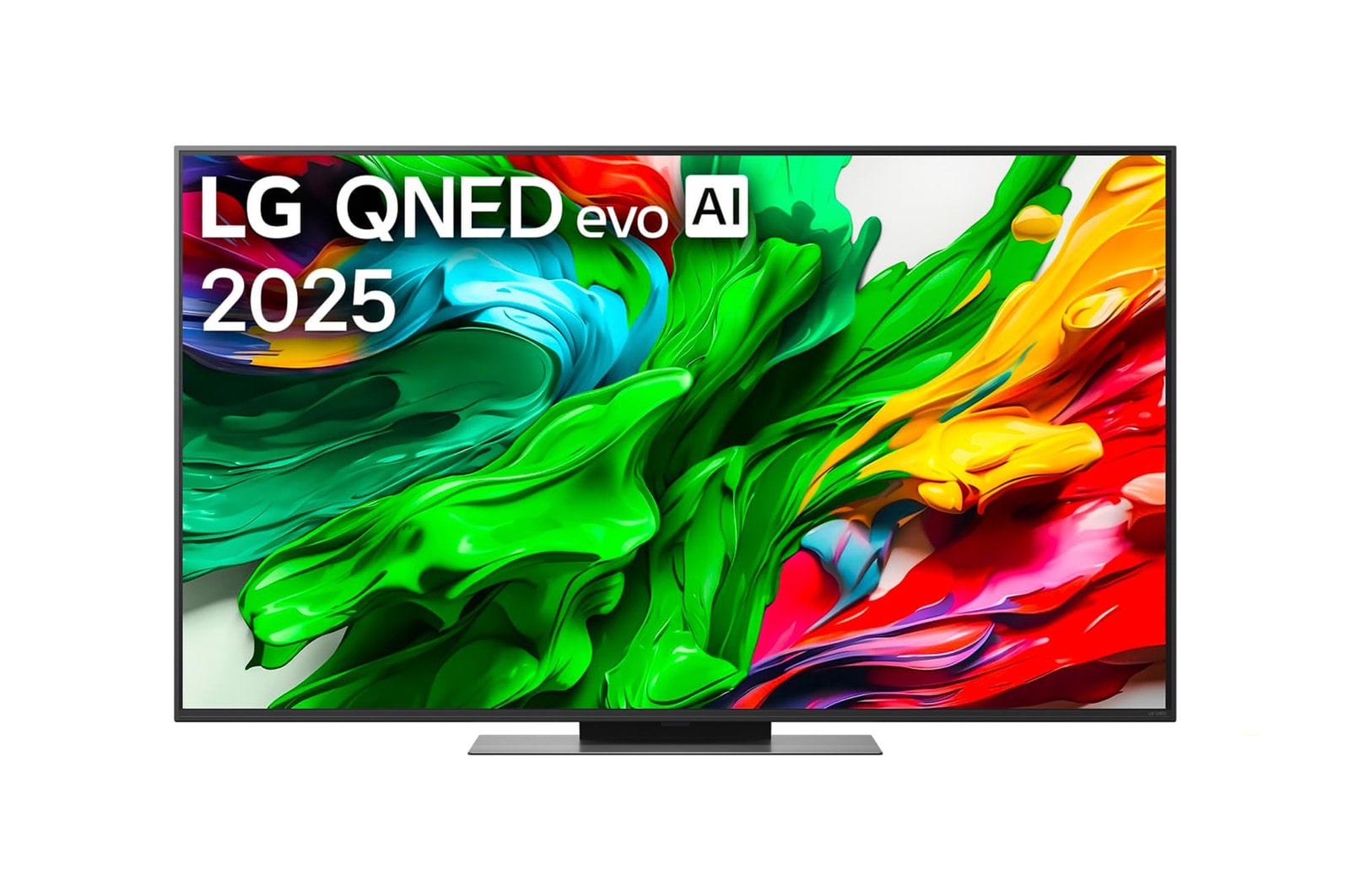 Front view of LG QNED evo QNED85 TV, LG QNED evo Al Logo on the top corner. LG QNED evo QNED85 TV depicts colorful paintike textures coming together.