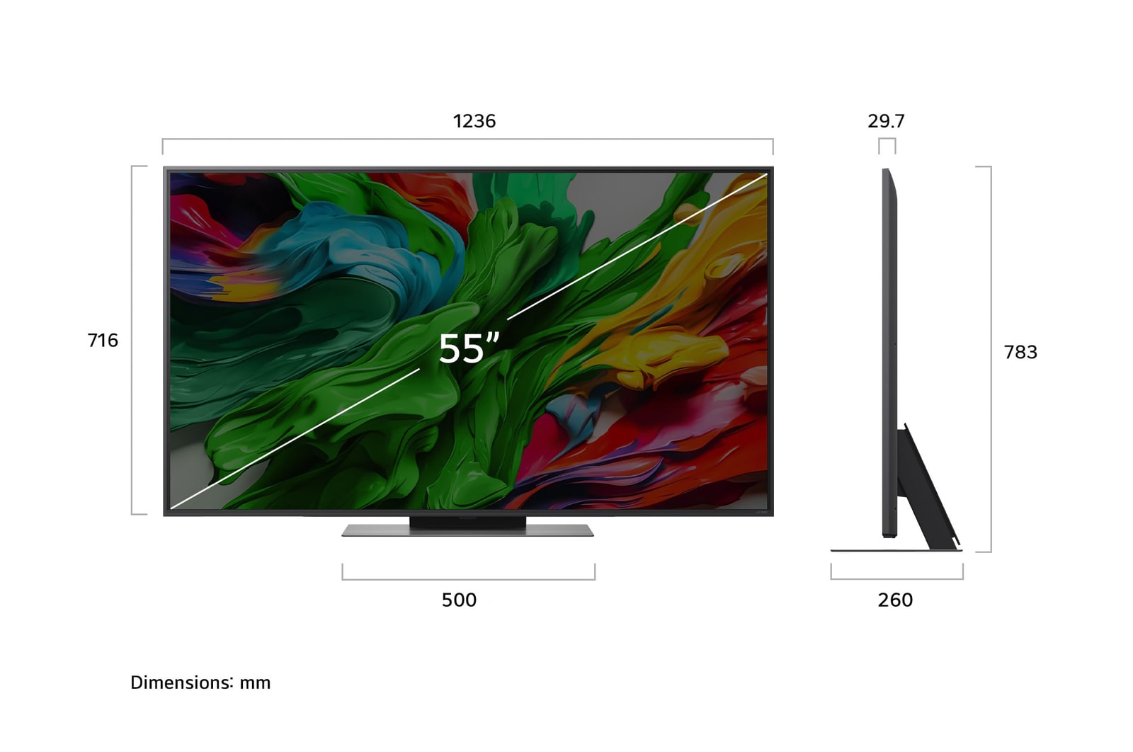 Front view and side view of LG QNED evo AI QNED85 4K Smart TV showing its length, width, height, and depth dimensions.