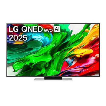 Front view of LG QNED evo QNED85 TV, LG QNED evo Al Logo on the top corner. LG QNED evo QNED85 TV depicts colorful paintike textures coming together.