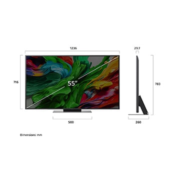 Front view and side view of LG QNED evo AI QNED85 4K Smart TV showing its length, width, height, and depth dimensions.