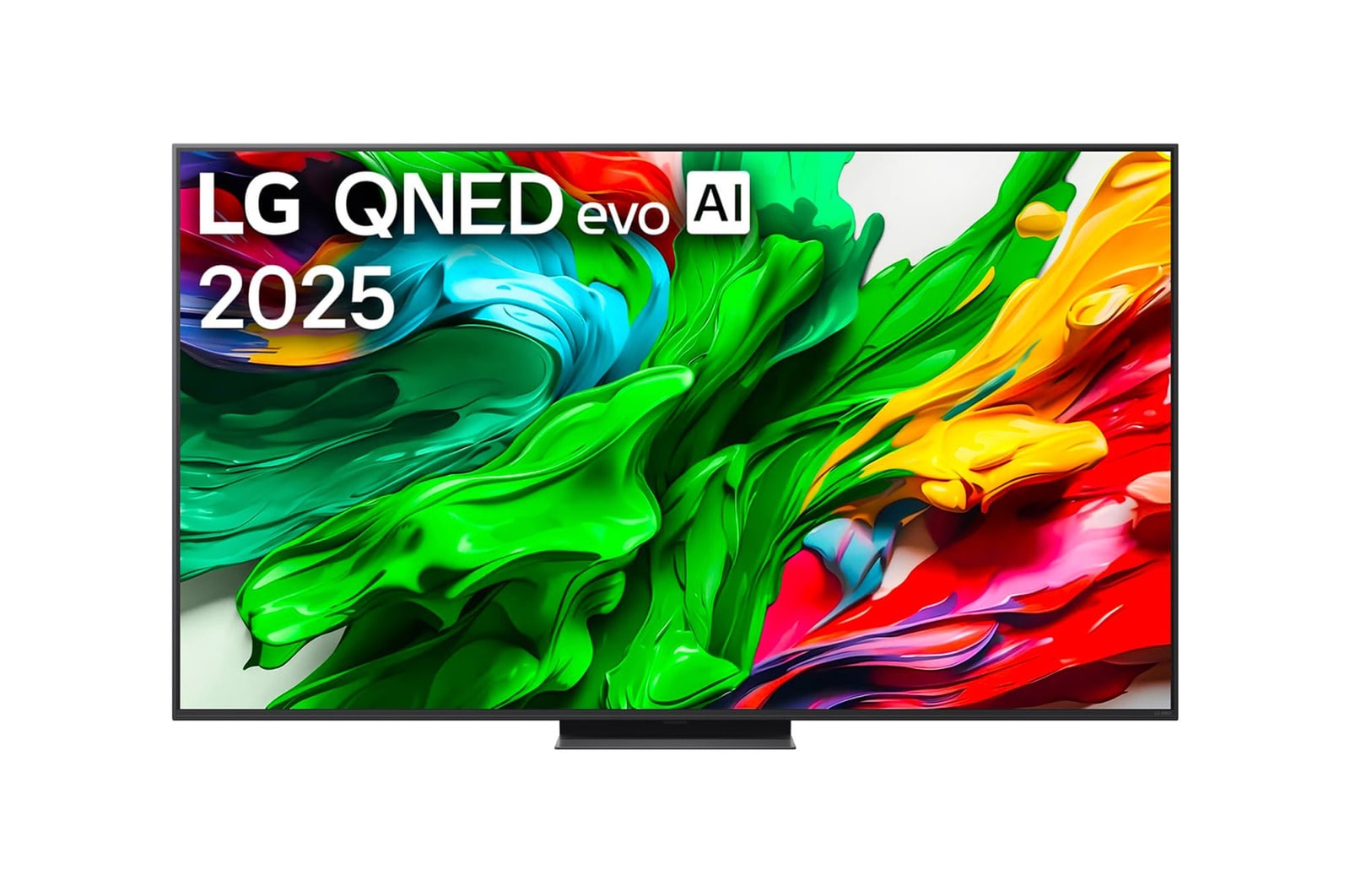 Front view of LG QNED evo QNED85 TV, LG QNED evo Al Logo on the top corner. LG QNED evo QNED85 TV depicts colorful paintike textures coming together.