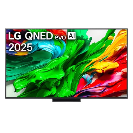 Front view of LG QNED evo QNED85 TV, LG QNED evo Al Logo on the top corner. LG QNED evo QNED85 TV depicts colorful paintike textures coming together.