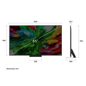 Front view and side view of LG QNED evo AI QNED85 4K Smart TV showing its length, width, height, and depth dimensions.