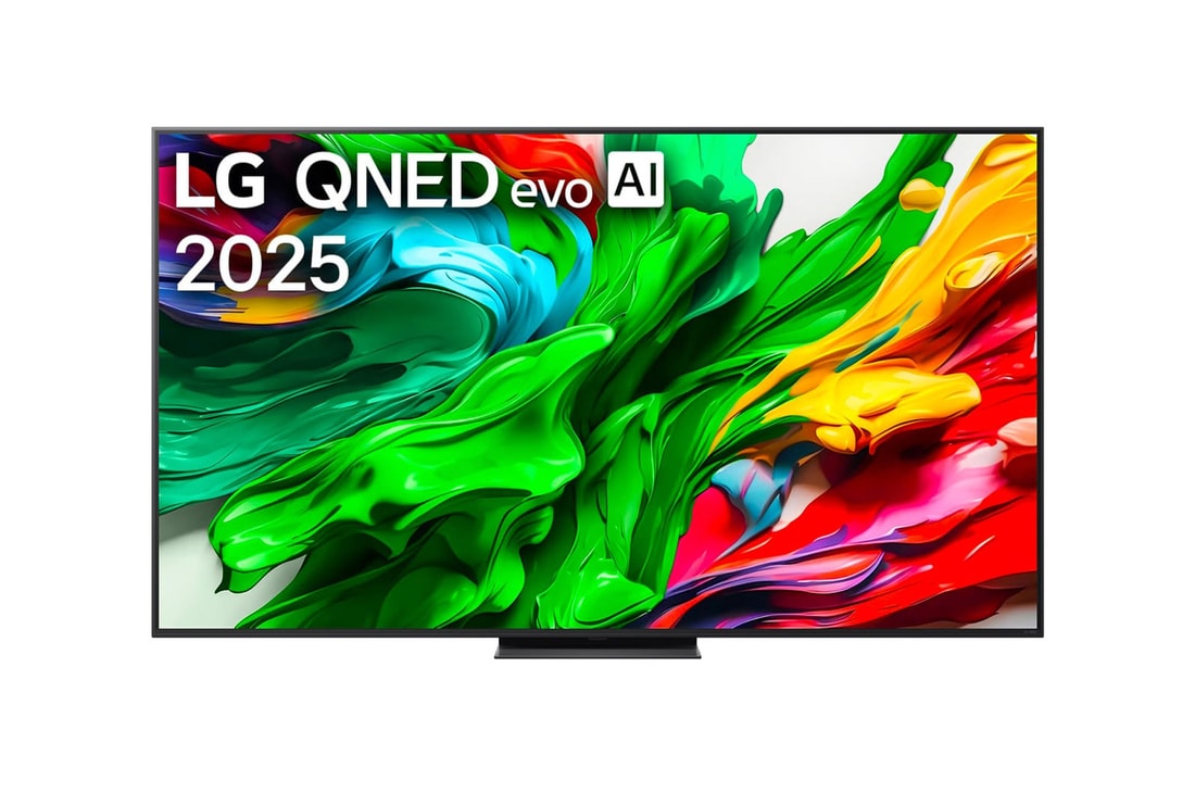 Front view of LG QNED evo QNED85 TV, LG QNED evo Al Logo on the top corner. LG QNED evo QNED85 TV depicts colorful paintike textures coming together.