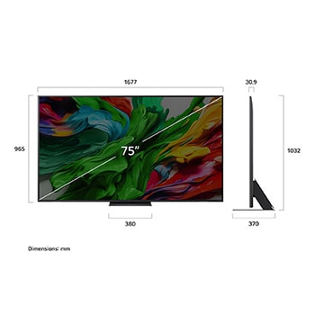 Front view and side view of LG QNED evo AI QNED85 4K Smart TV showing its length, width, height, and depth dimensions.