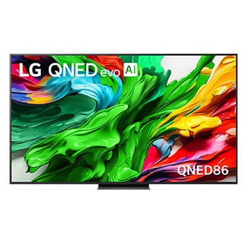 Front view of LG QNED evo QNED85 TV, LG QNED evo Al Logo on the top corner. LG QNED evo QNED85 TV depicts colorful paintike textures coming together.