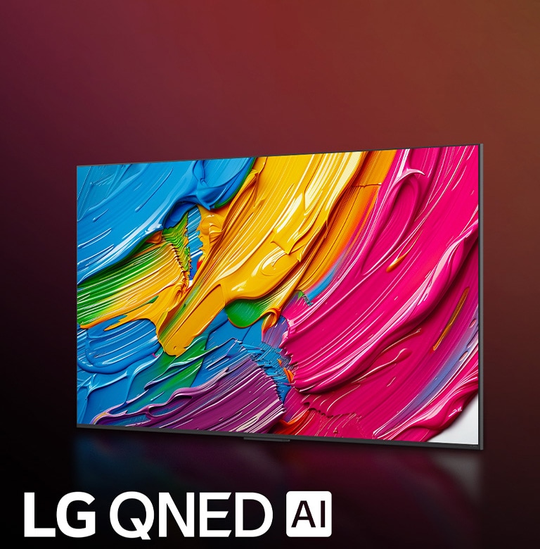 LG QNED TV sits slightly angled facing left and depicts colorful paintlike textures coming together in red, yellow, green, blue and purple. Behind the TV is the alpha 7 AI Processor Gen8 emitting yellow light. Logo of LG QNED AI sits on the bottom left corner. The background is a colorful black, pink gradient. Text is also visible, powered by alpha 7 AI Processor Gen8.
