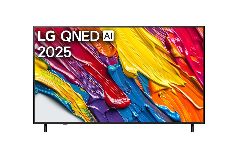 Front view of LG QNED82 TV, LG QNED Al Logo on the top corner. LG QNED TV depicts colorful paintike textures coming together.