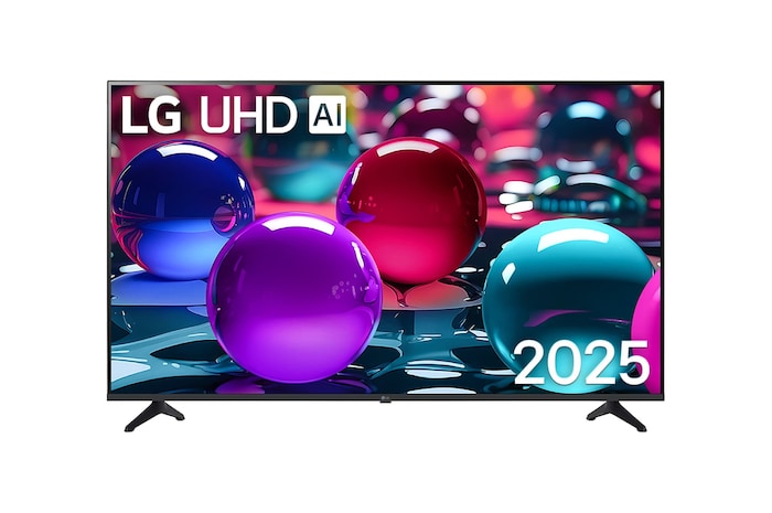 Front view of UHD UA73 TV, LG UHD Al Logo on the top corner. LG UHD TV depicts colorful paintike textures coming together.