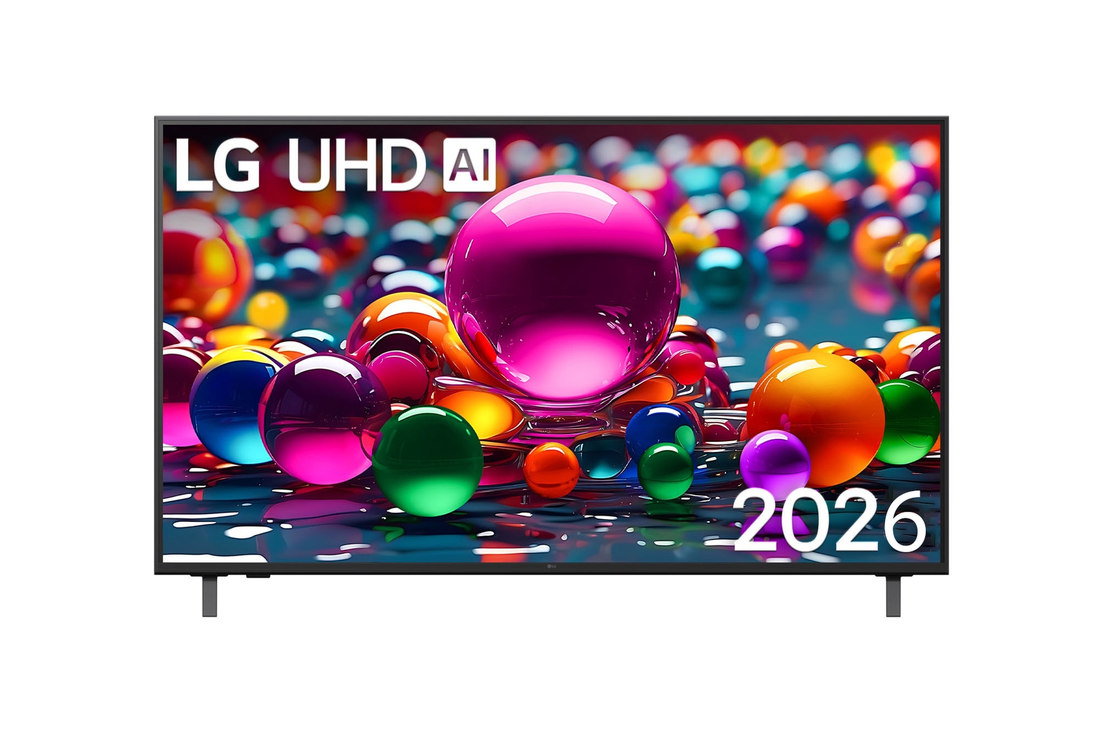 Front view of UHD UA80 TV, LG UHD Al Logo on the top corner. LG UHD TV depicts colorful paintike textures coming together.