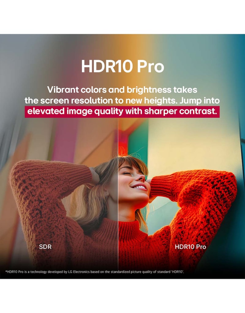 A photo of a girl in a red sweater split down the middle to show the left side in SDR and the right side in HDR10 Pro. The right side of the image is more sharp and in contrast in comparison to the left side of the image. The title talks about how HDR10 Pro provides elevated image quality and sharper contrast.
