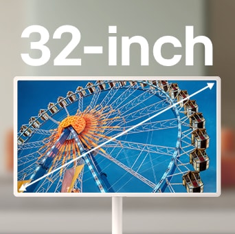 LG StanbyME 2 Max LX6 Movable Screen mit 32-Zoll-Bildschirm zeigt ein Riesenradbild, wobei das größere Display die Größe und visuelle Klarheit für ein immersiveres Seherlebnis verbessert.